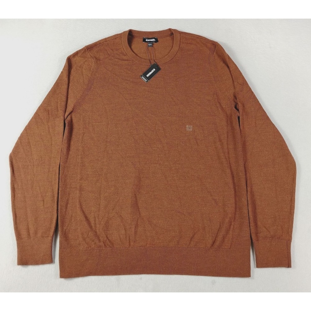 Express Sweater Mens Large Brown Merino Wool Crewneck Lightweight Knit Cabincore